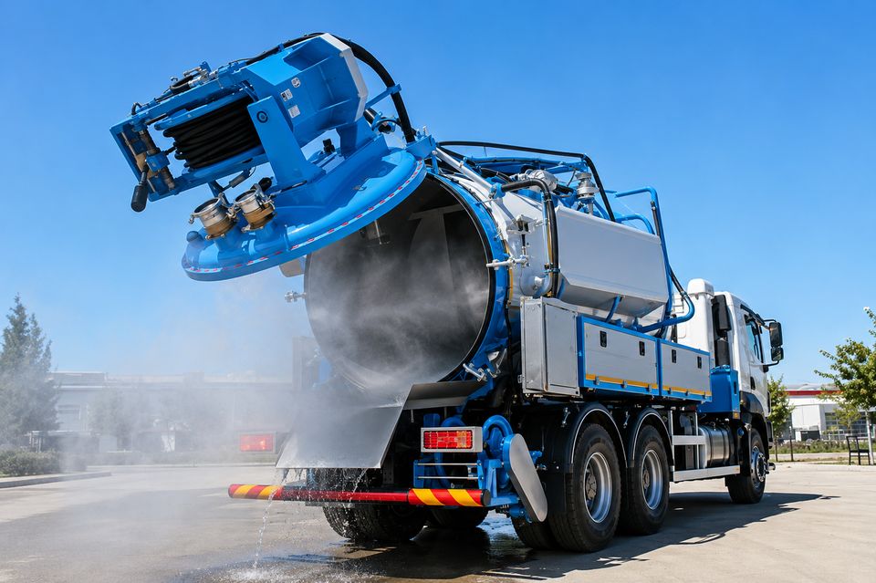 Vakumlu tankı ve hidro-jet hortum makarası açık konumdaki kombine kanal temizleme aracı (vidanjör)